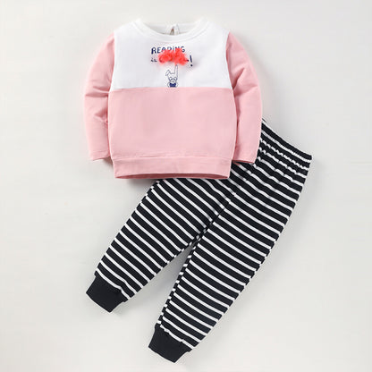 Baby Girl Rabbit Pattern Color block Design Hoodie With Striped Pants Sets My Kids-USA