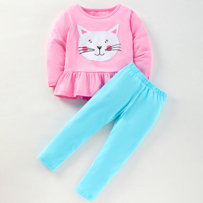 Baby Girl Cartoon Cat Embroidered Pattern Shirt Combo Solid Pants Sets My Kids-USA