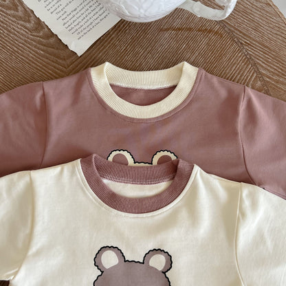 Baby Girl Cartoon Bear Print Pattern Long Sleeve Triangle Bodysuit My Kids-USA
