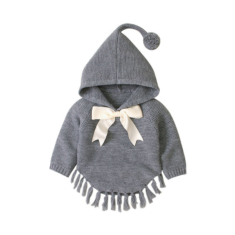 Baby Girl 1pcs Solid Color Big Bow Tie Patched Design Shawl Kniited Hoodies With Hat My Kids-USA