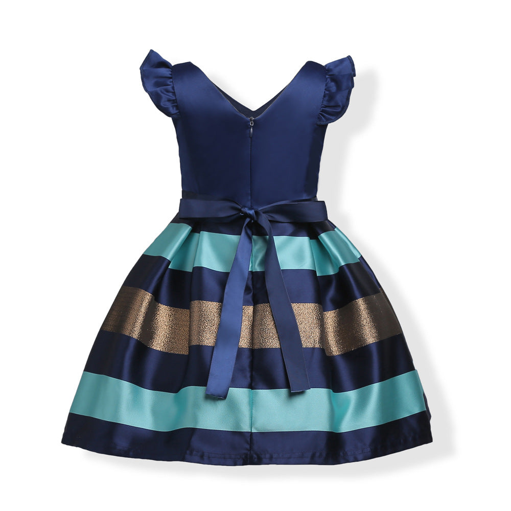 Baby Girl Striped Pattern V-Neck Western Style Formal Dress MyKids-USA Baby Girl Striped Pattern V-Neck Western Style Formal Dress MyKids-USA