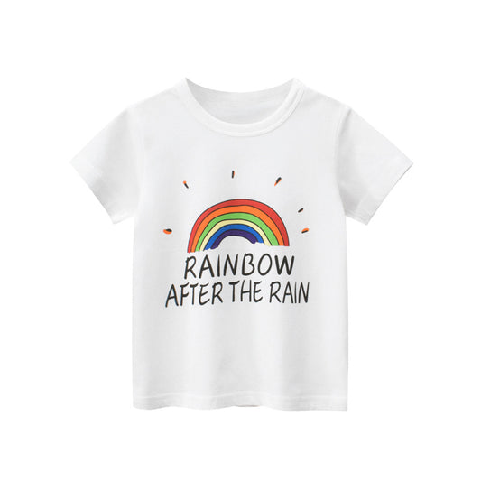 Baby Rainbow Print Solid Color T-Shirt In Summer Wearing Outfit