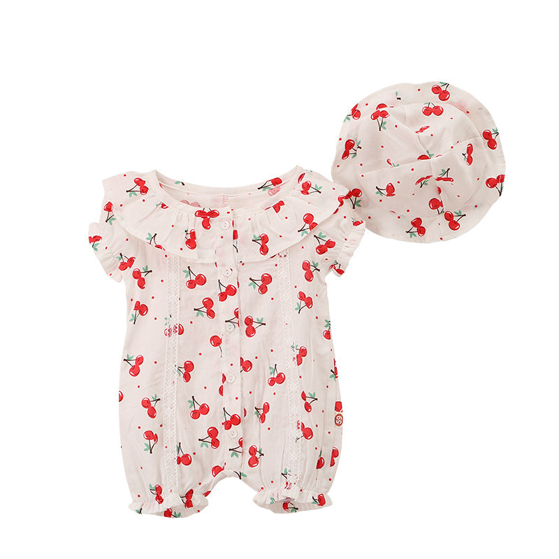 Baby Girl Cherry Print Doll Collar Design Single Breasted Puff-Sleeved Rompers My Kids-USA