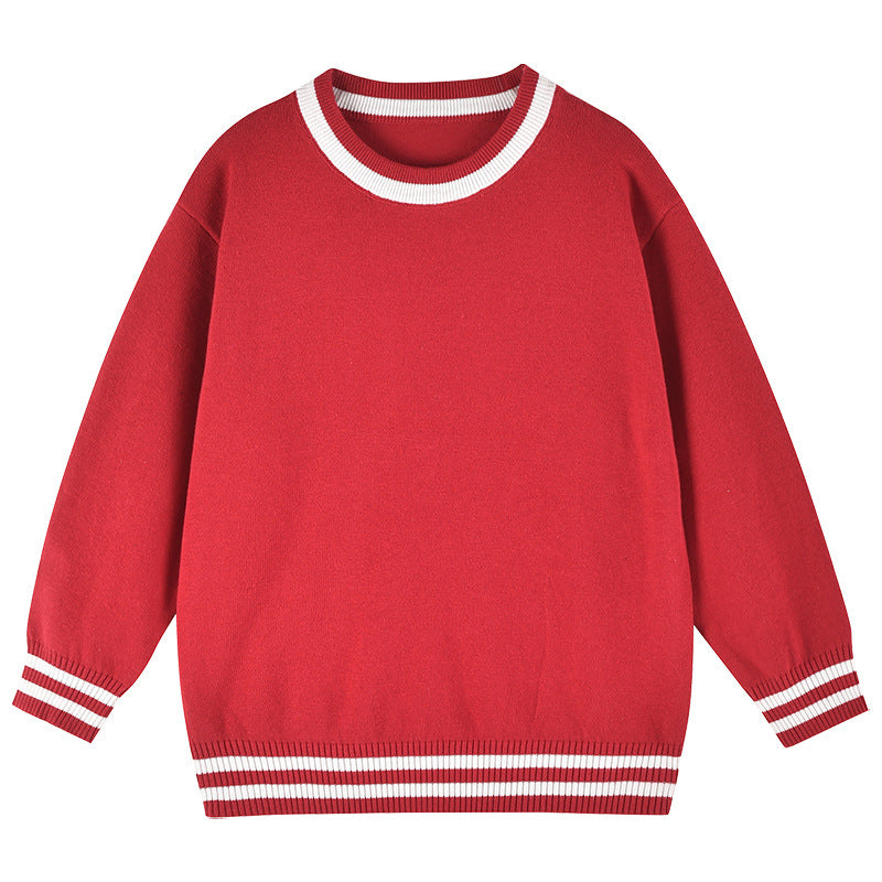 Baby Solid Color Striped Hem Design O-Neck Knit Sweater My Kids-USA