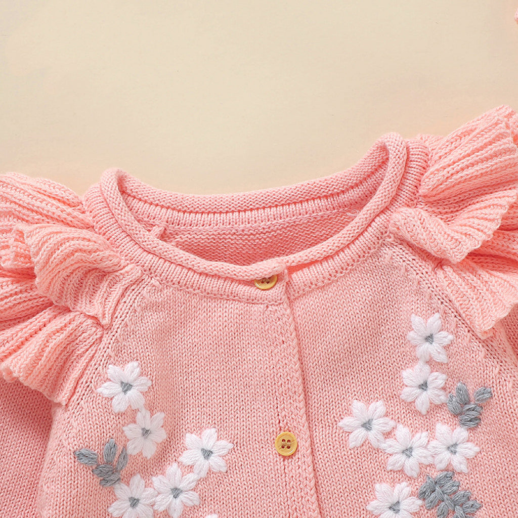 Baby Girl Floral Embroidered Pattern Ruffle Design Knit Cardigan My Kids-USA