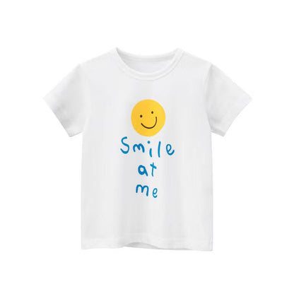 Baby Girls Smiling Face And Letters Print Round Neck Short Sleeved Tops In Summer