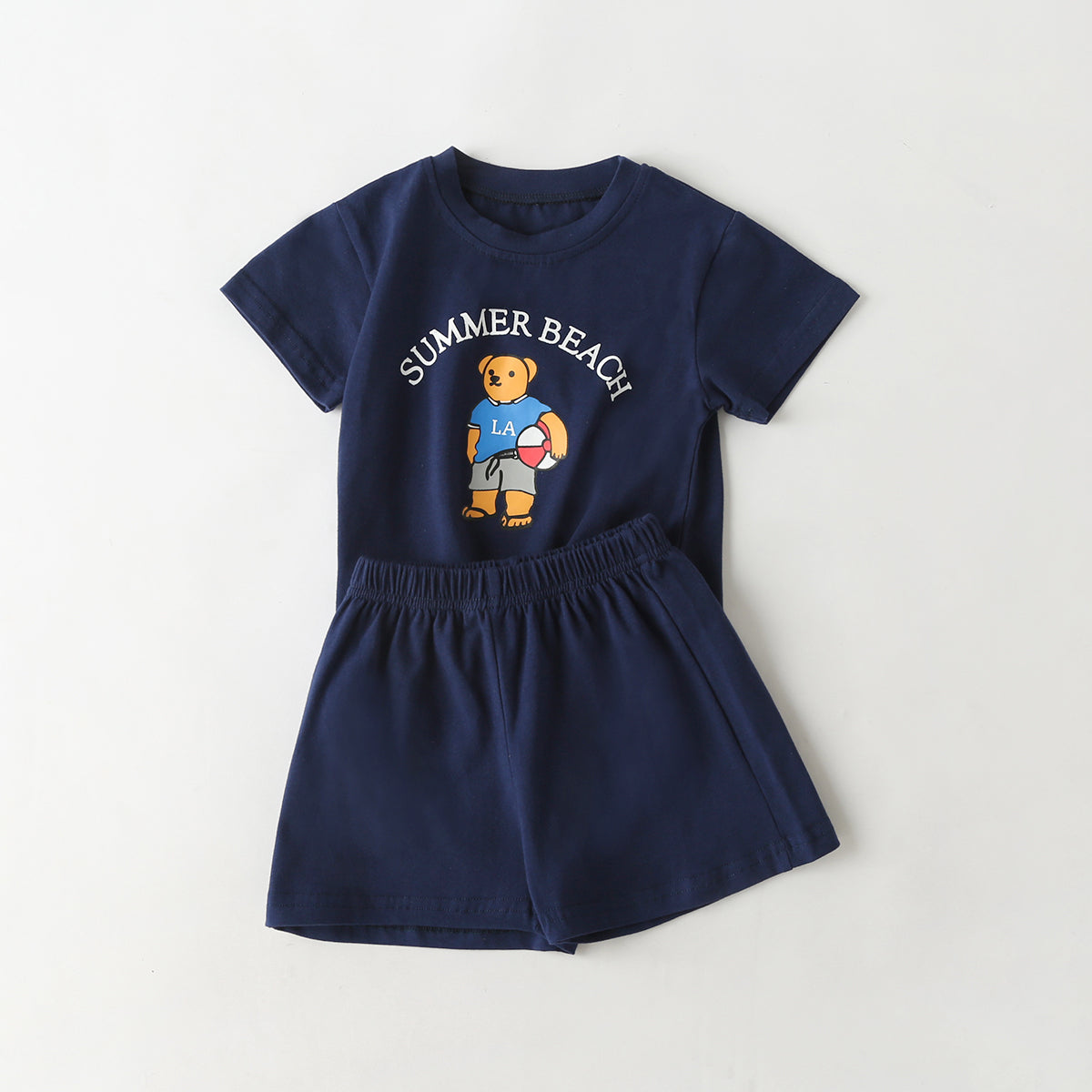 Baby Cartoon Bear & Letters Graphic O-Neck Tee Combo Solid Shorts Sets My Kids-USA