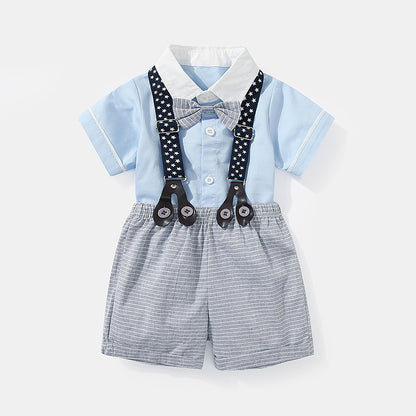 Baby Boy Solid Color Single Breasted Design Onesies With Bow Tie Combo Striped Overalls Shorts Sets My Kids-USA