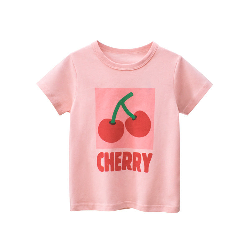 Baby Girl Fruit Cherry Print O-Neck Casual T-Shirt In Summer Outfit