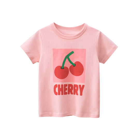 Baby Girl Fruit Cherry Print O-Neck Casual T-Shirt In Summer Outfit