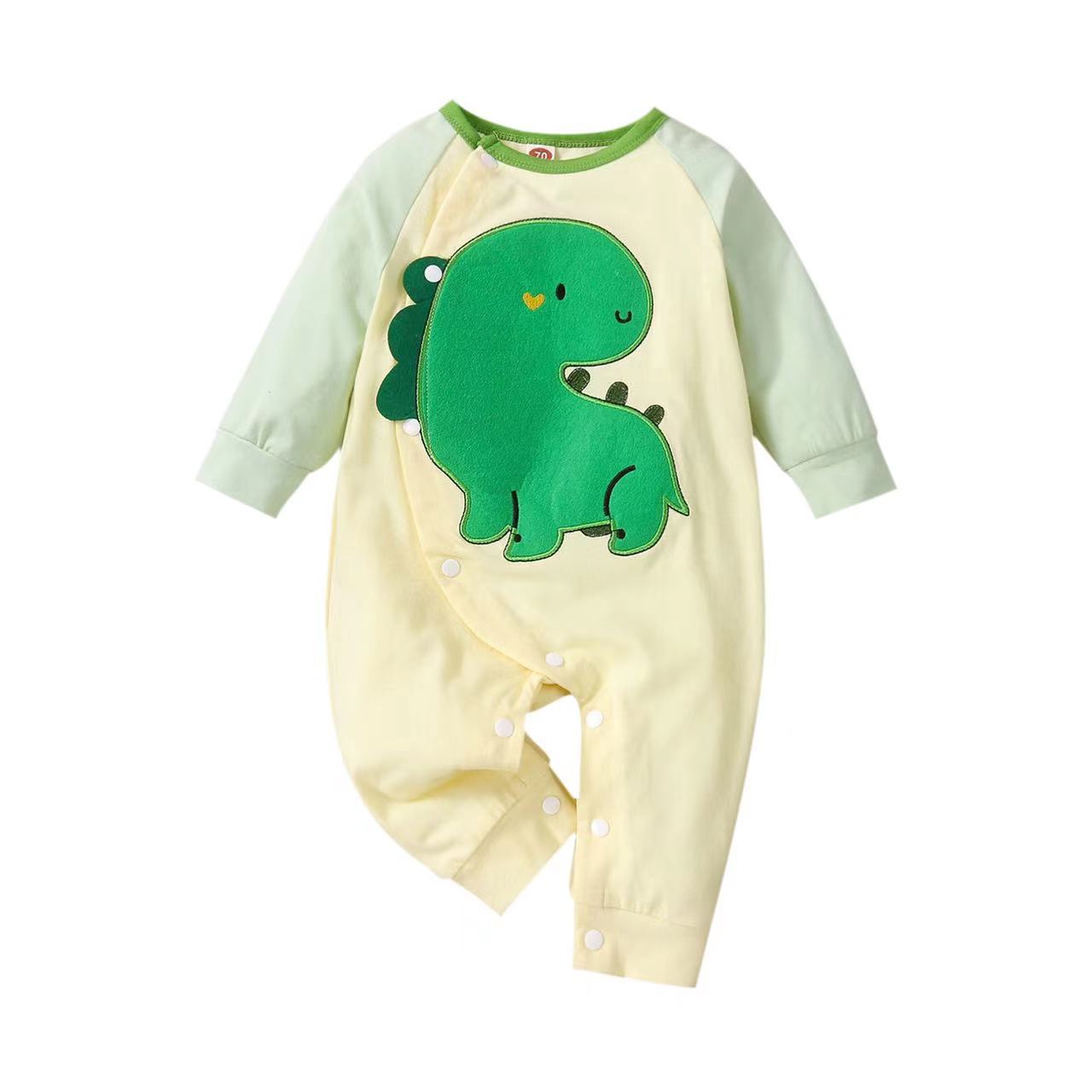 Baby Boy Cartoon Dinosaur Embroidered Pattern Contrast Design Side Button Rompers My Kids-USA