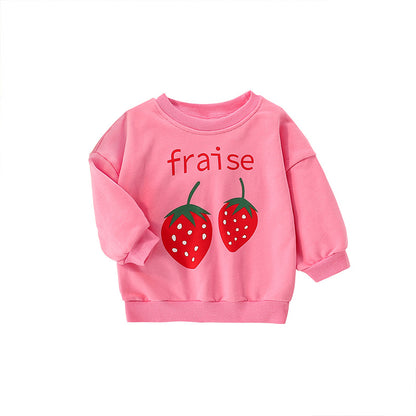 Baby Girl Strawberry Print Pattern Crewneck Terry Hoodies
