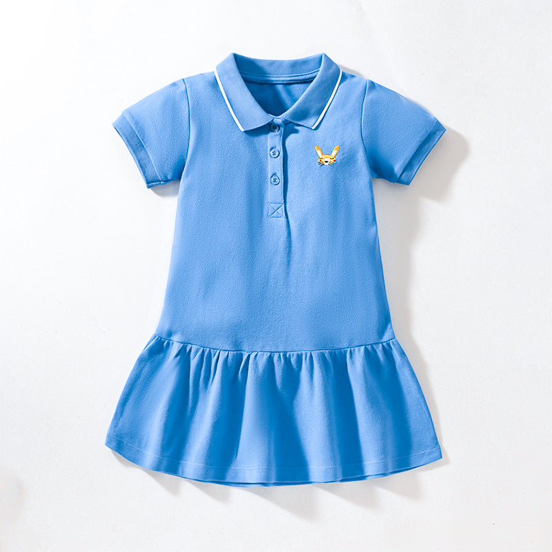 Baby Girl Solid Color Polo-Neck College Style Summer Dress