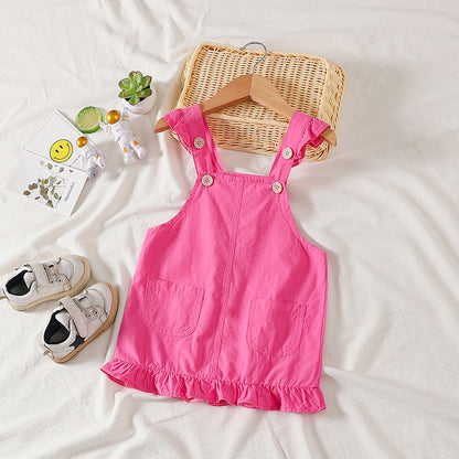 Baby Girl Solid Color Ruffle Design Short Strap Dress With Pocket My Kids-USA