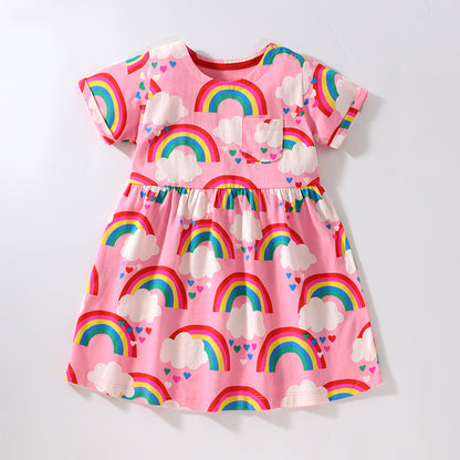Vestido de manga corta con cuello redondo y estampado de arcoíris para bebé niña 