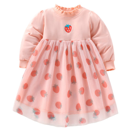 Baby Girl Strawberries Pattern Mesh Overlay Design Beautiful Dress My Kids-USA