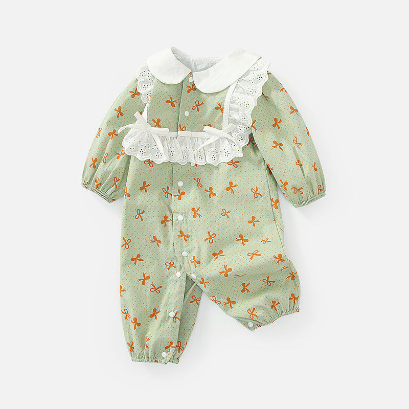 Baby Girl All Over Bow Pattern Mesh Patchwork Design Long Sleeves Lapel Jumpsuit My Kids-USA