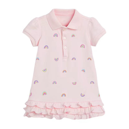 Kids Pink Rainbow Pattern Patchwork Ruffles Design Dress My Kids-USA