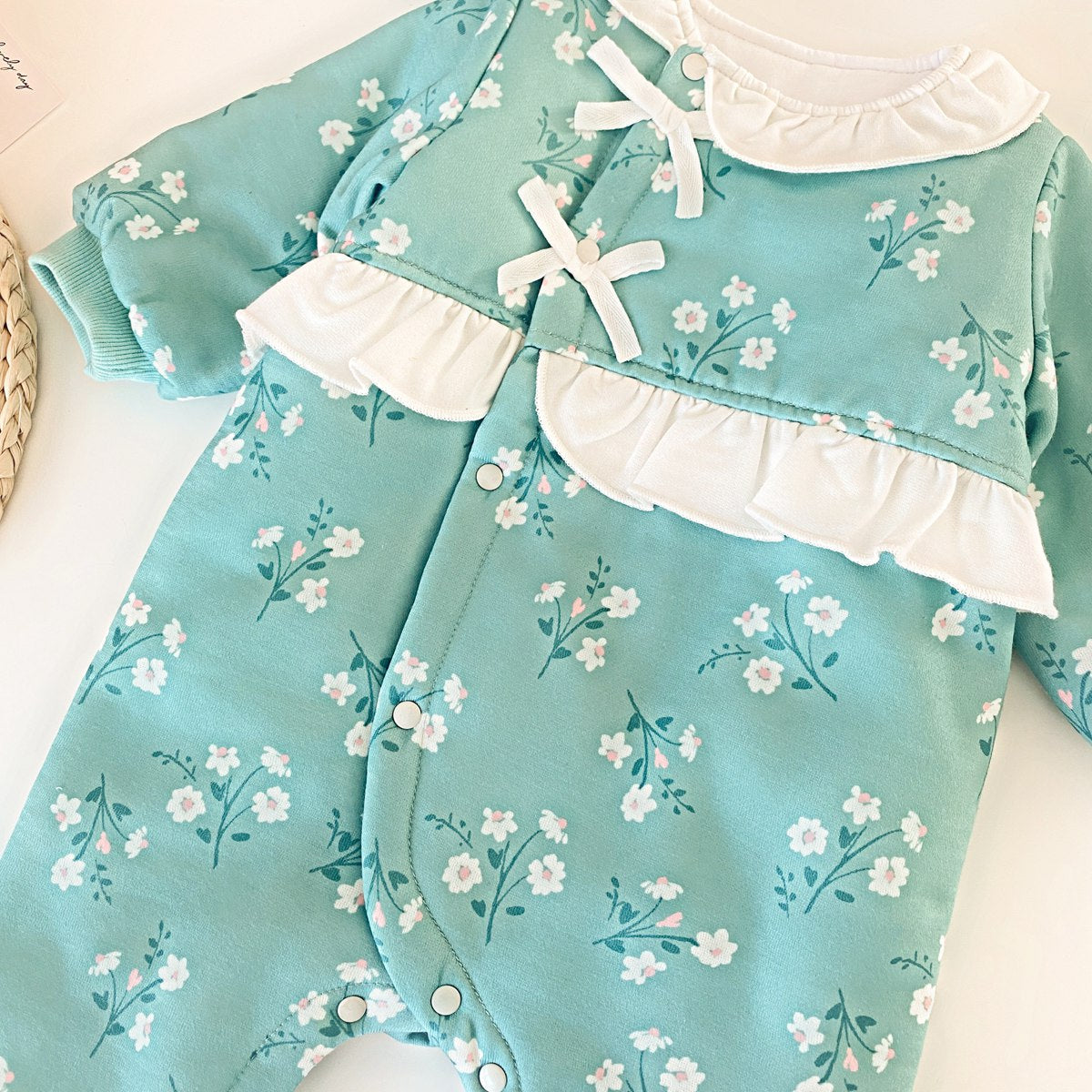 Baby Girl Ditsy Floral Print Side Button Design Ruffle Thickened Romper My Kids-USA