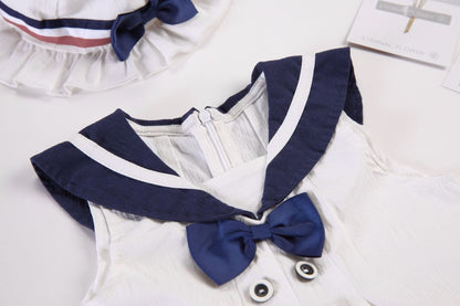 Baby Girl 1pcs Fake Button Bow Tie Design Striped Hem College Style Dress & Hat My Kids-USA