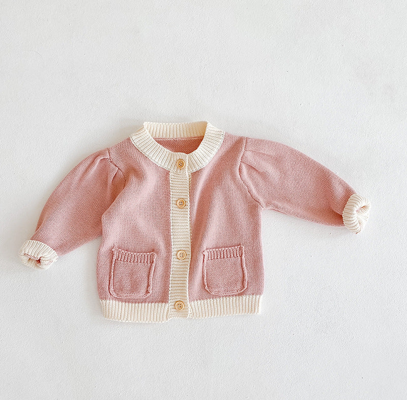 Baby Girl 1pcs Contrast Pattern Buttoned Front Puff Sleeve Knitted Cardigan My Kids-USA