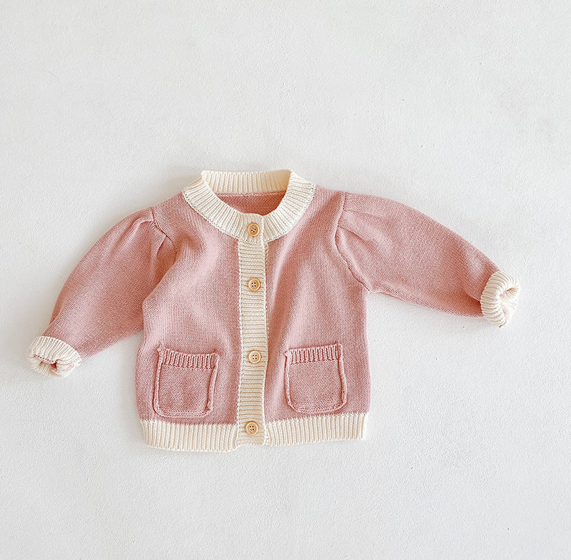 Baby Girl Contrast Pattern Buttoned Front Puff Sleeve Knitted Cardigan, MyKids-USA®, Baby & Toddler Outerwear, MyKids-USA -  -  -  -  -  -  - 