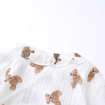 Baby Girls Bear Print Pattern Lace Design Round Collar Long-Sleeved Rompers With Hat My Kids-USA