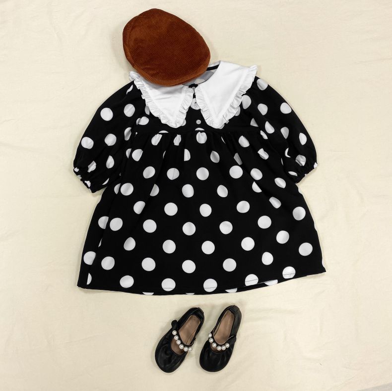 Baby Girls Polka Dot Print Turn-Down Collar Design Pull Sleeved Dress My Kids-USA