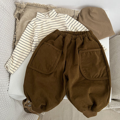 Baby Solid Color Casual Double Layel Thickened Vintage Style Pants My Kids-USA