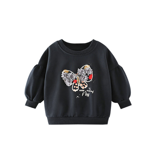 Baby Girl 3D Flower Patched Butterfly Graphic Puff Sleeve Hoodie