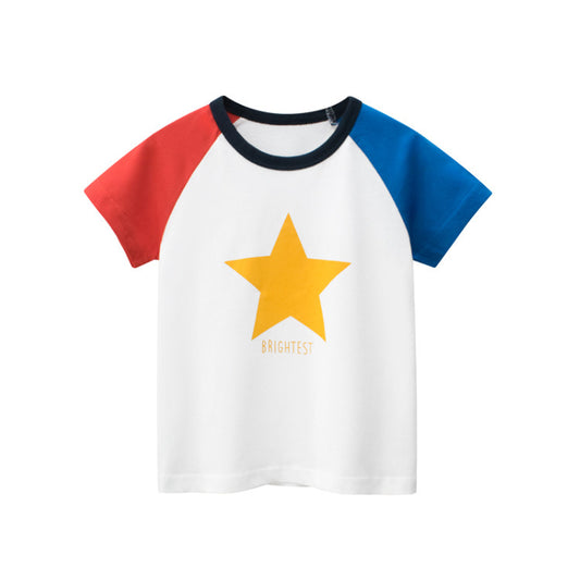 Baby Boy And Girl Star Print Color Matching Design O-Neck Fashion T-Shirt In Summer