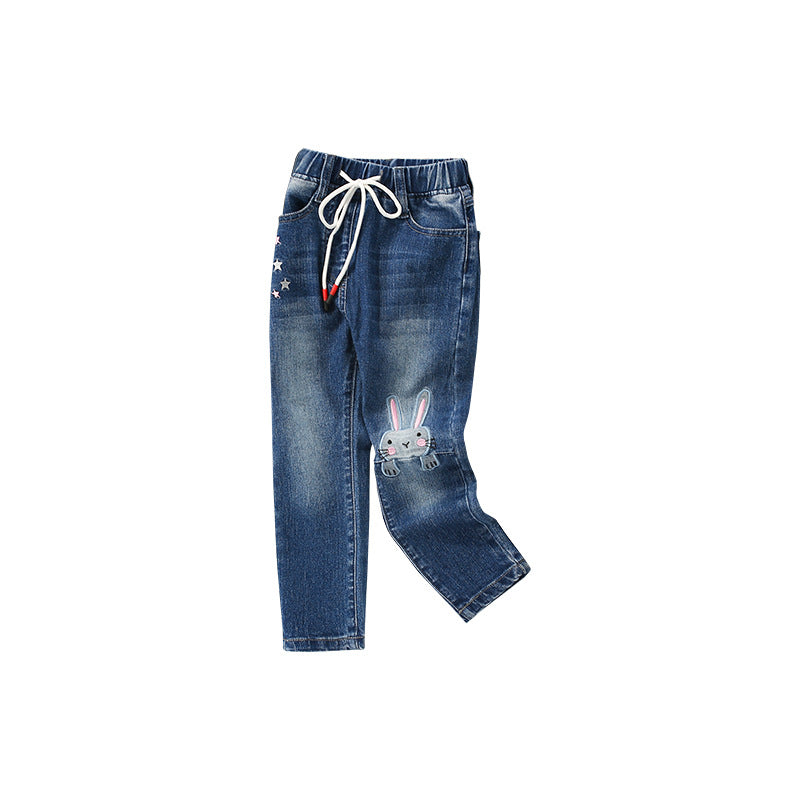 Baby Girl Bunny Embroidered Graphic Wash Blue Elastic Waist Jean Pants My Kids-USA