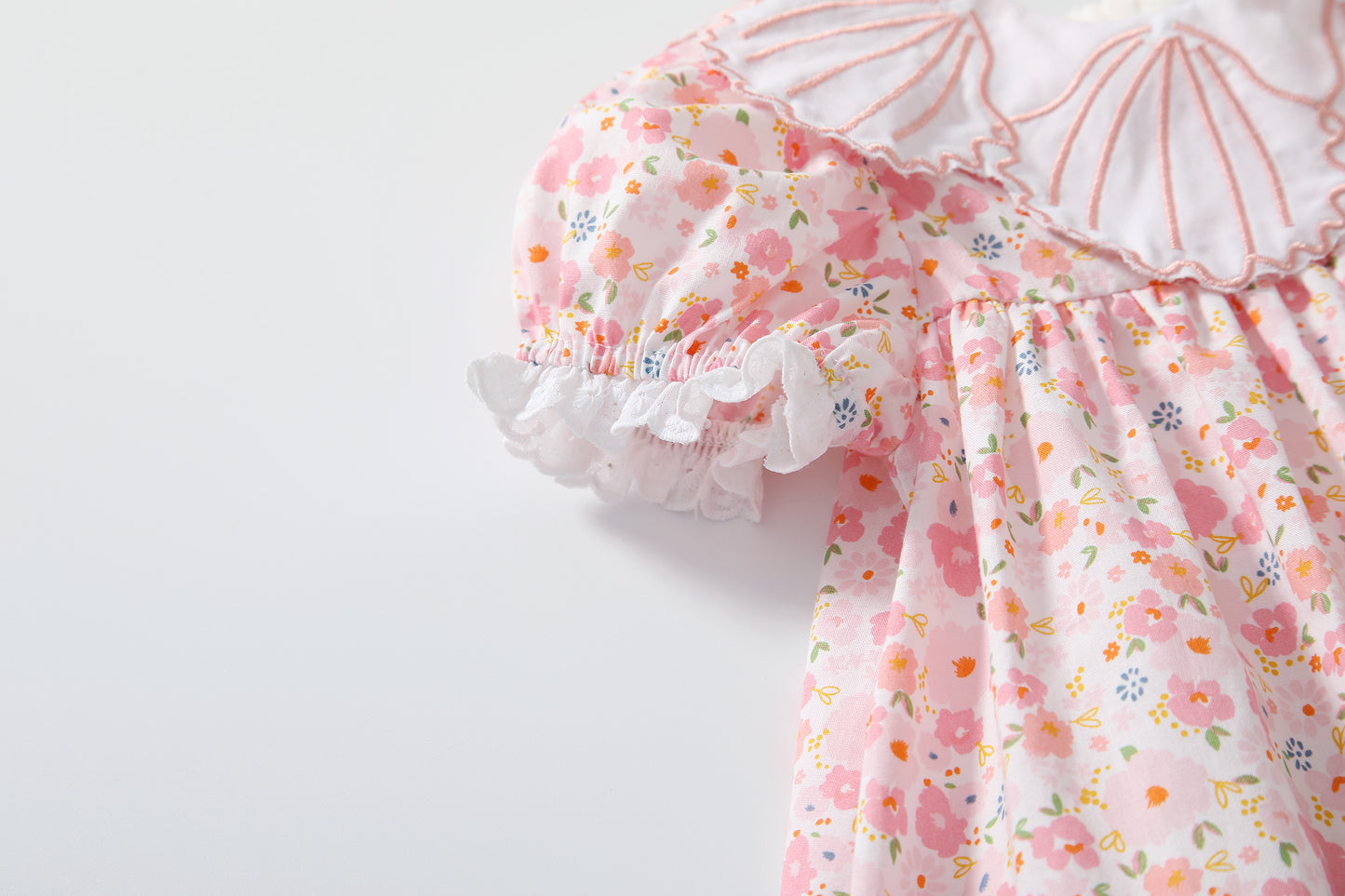 Baby Girl Short-Sleeved Floral Print Shell Shape Collar Pattern A Version Dress