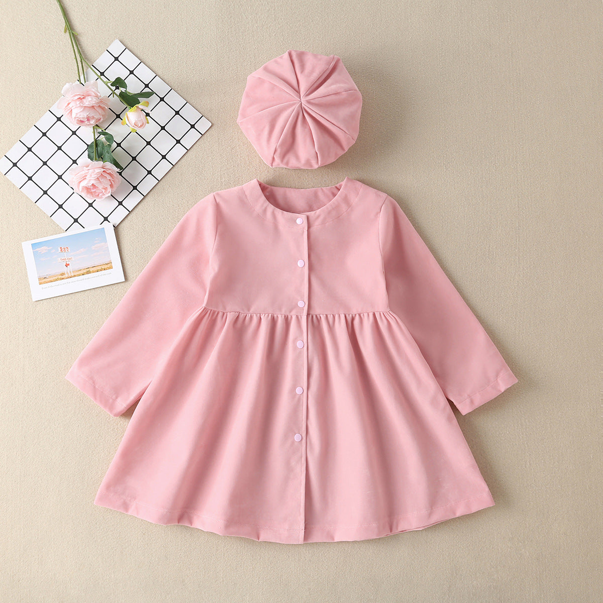 Baby Solid Color Single Breasted Design A-Line Loose Autumn Dress