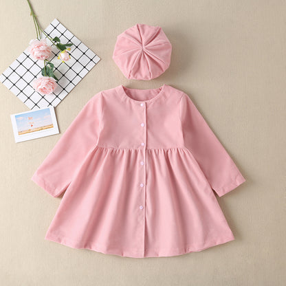 Baby Solid Color Single Breasted Design A-Line Loose Autumn Dress