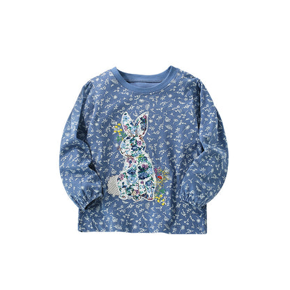 Baby Girl Floral Pattern Bunny Embroidered Design Loose Cotton Hoodie