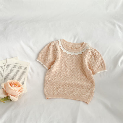 Baby Girl Hollow Carved Design Ruffle Design Cute Knit Tee
