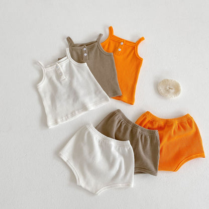 Baby Boy And Girl Solid Color Neck Buttoned Design Sling Top Combo Shorts Sets