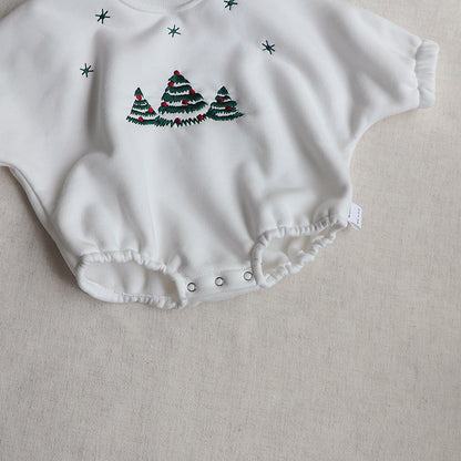 Baby Christmas Tree Embroidered Pattern Long Sleeve Fleece Winter Onesies