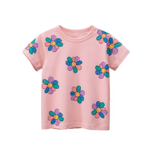 Baby Girl Sunflower Print Short Sleeved Lovely T-Shirt In Summer Outfit