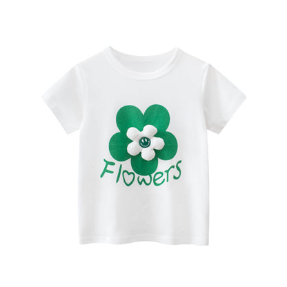 Baby Dimensional Filling Cotton Flower Decoration Round Neck T-Shirt In Summer