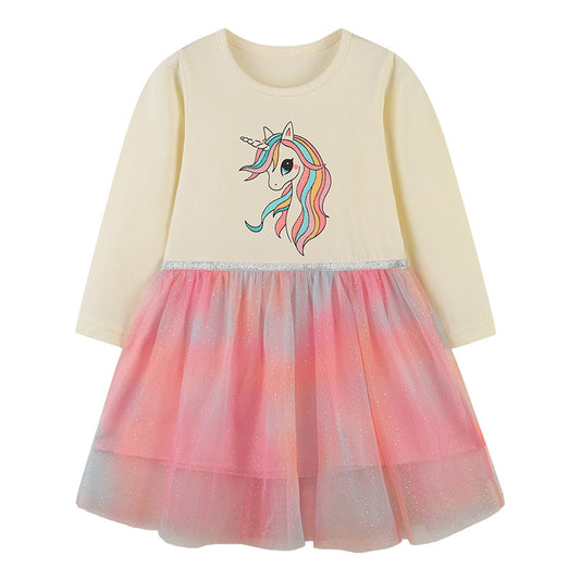 Baby Girl Unicorn Pattern Colorful Mesh Overlay Design Long Sleeve Princess Dress My Kids-USA