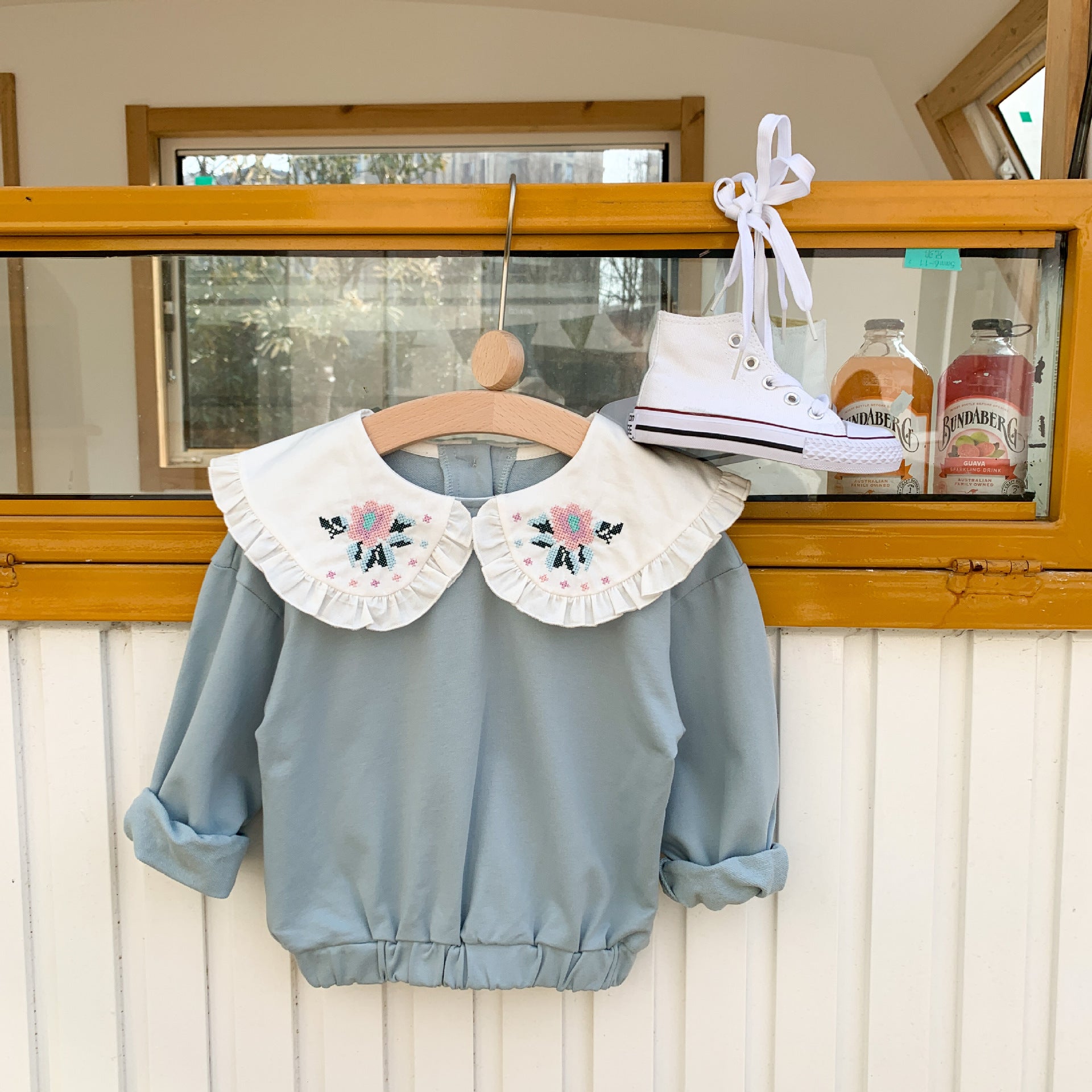 Baby Flower Embroidery Pattern Ruffle Doll Neck Long Sleeves Hoodies My Kids-USA
