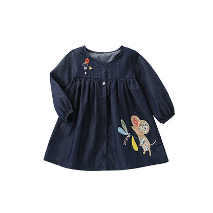 Baby Girl Flower & Cartoon Animal Pattern Button Front Design Denim Dress My Kids-USA