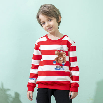 Baby Boy Striped & Bear Print Pattern Casual Pullover Hoodies My Kids-USA