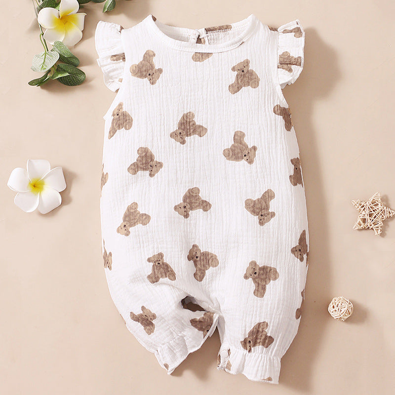 Baby Girls Bear Print Pattern Round Collar Fly Sleeve And Sleeveless Rompers In Summer My Kids-USA