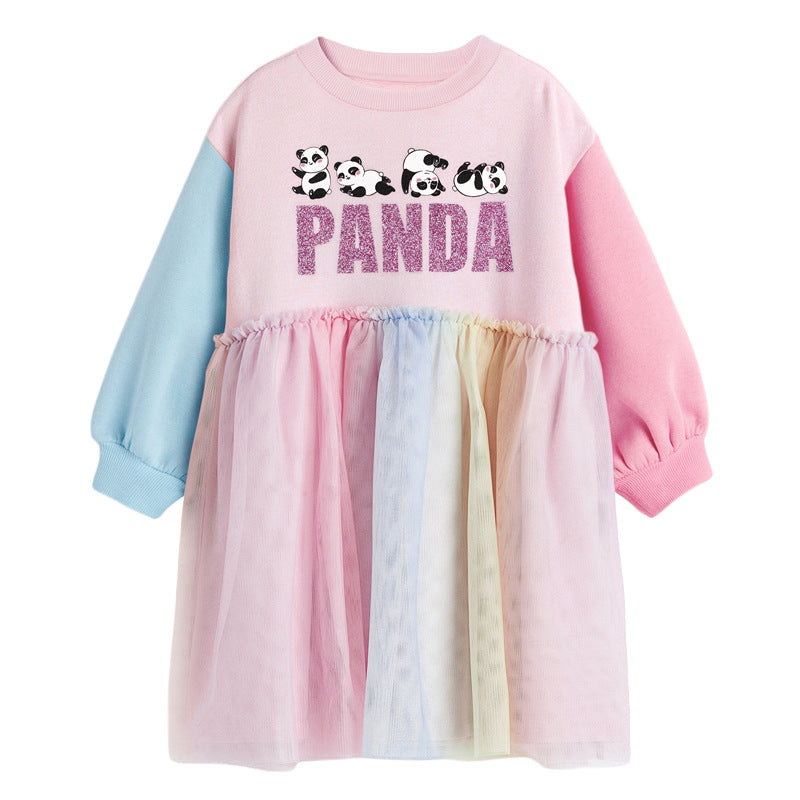 Baby Girl Cartoon Panda Graphic Color Matching Design Colorful Mesh Patchwork Long Sleeves Dress