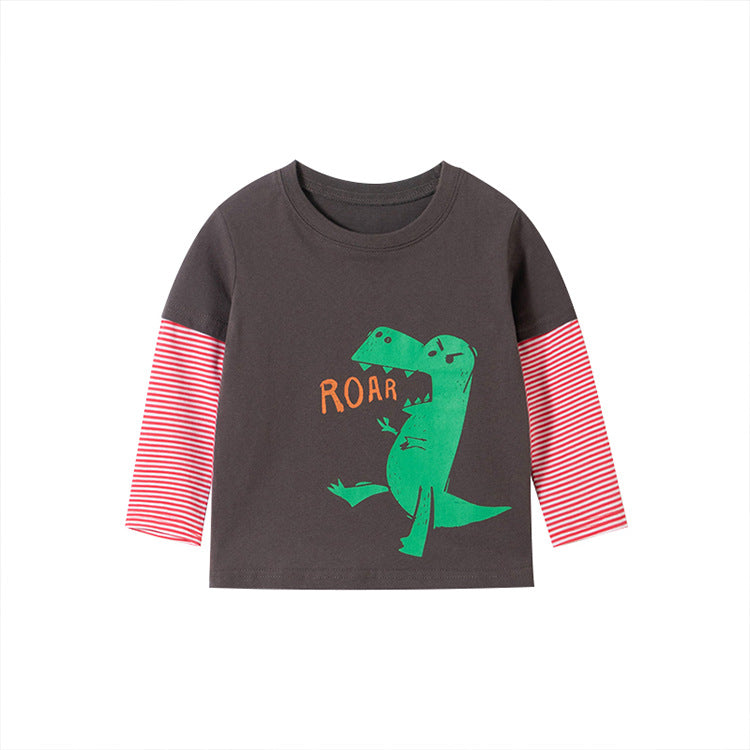 Baby Boy Cartoon Dinosaur Pattern Striped Contrast Sleeves Shirt My Kids-USA