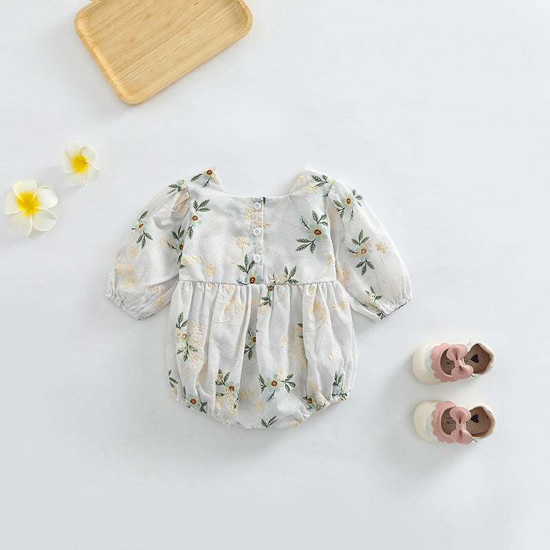 Baby Girl Floral Embroidered Pattern Square Collar Bodysuit My Kids-USA