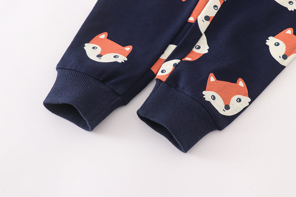 Baby Boy Fox Print Pattern Cotton Terry Trousers In Autumn